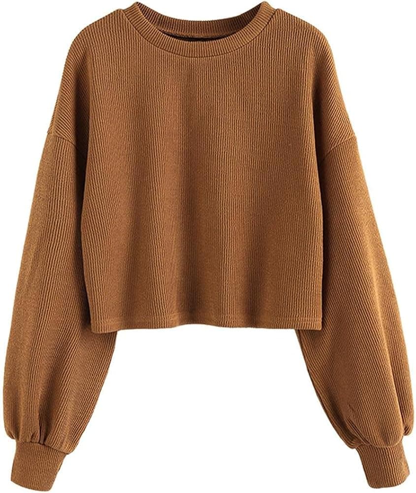 ZAFUL Women's Crew Neck Long Sleeve Pullover Crop Sweater Mock Neck Lantern Sleeve Ribbed Knit Jumper Sweater