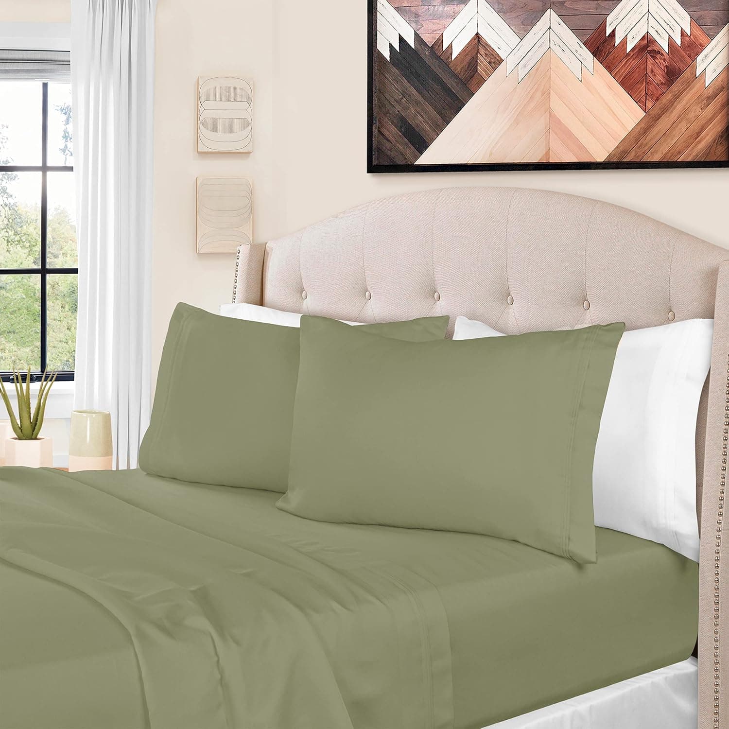 SUPERIOR 1500 Thread Count Egyptian Cotton Sheets, Luxury Bedding Set, Soft Long Staple Cotton, Includes Elastic Deep Pocket Fitted Sheet, Two Pillowcases, Flat Sheet, Queen, Sage