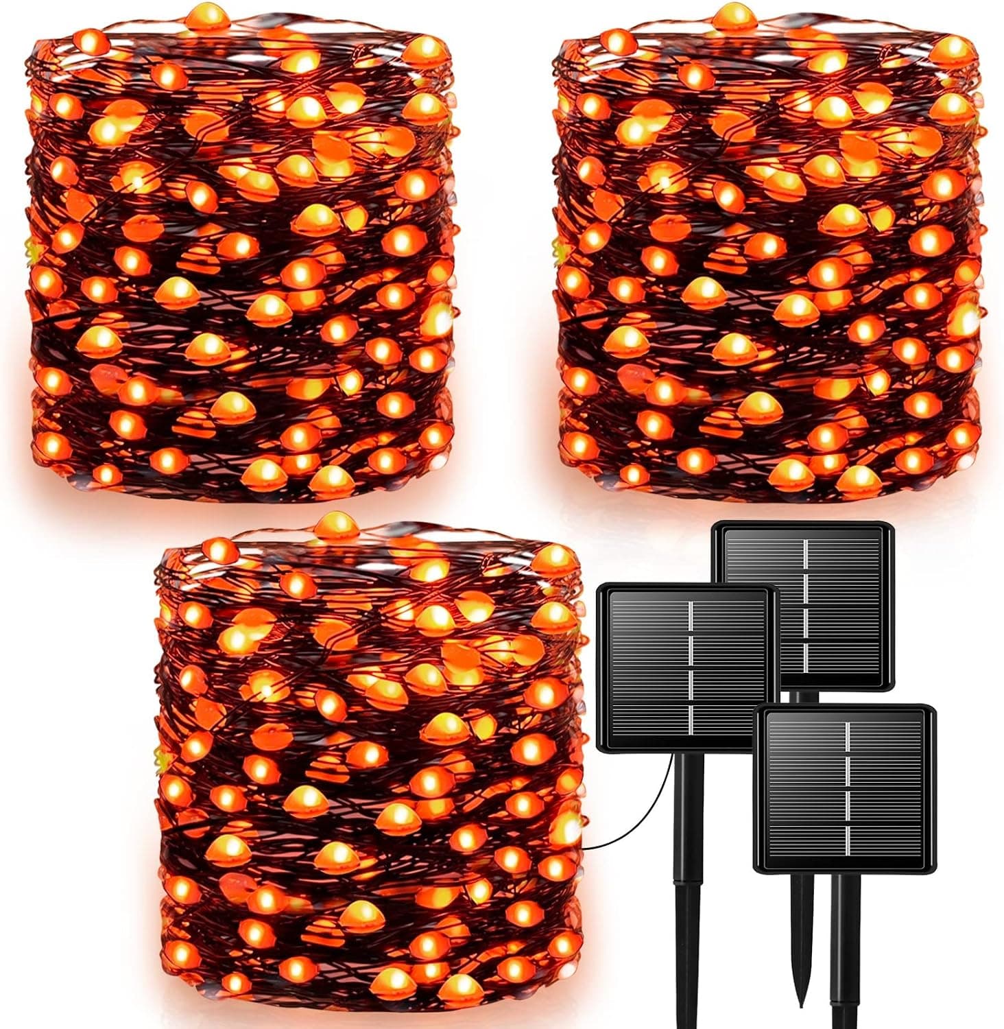 3 Pack Solar Halloween Lights Outdoor Waterproof, Total 196.8 Ft 600 LED Timer 8 Modes Black Copper Fairy String Lights Halloween Decorations Party Patio Yard Tree, 65.6Ft 200LED Each (Orange)