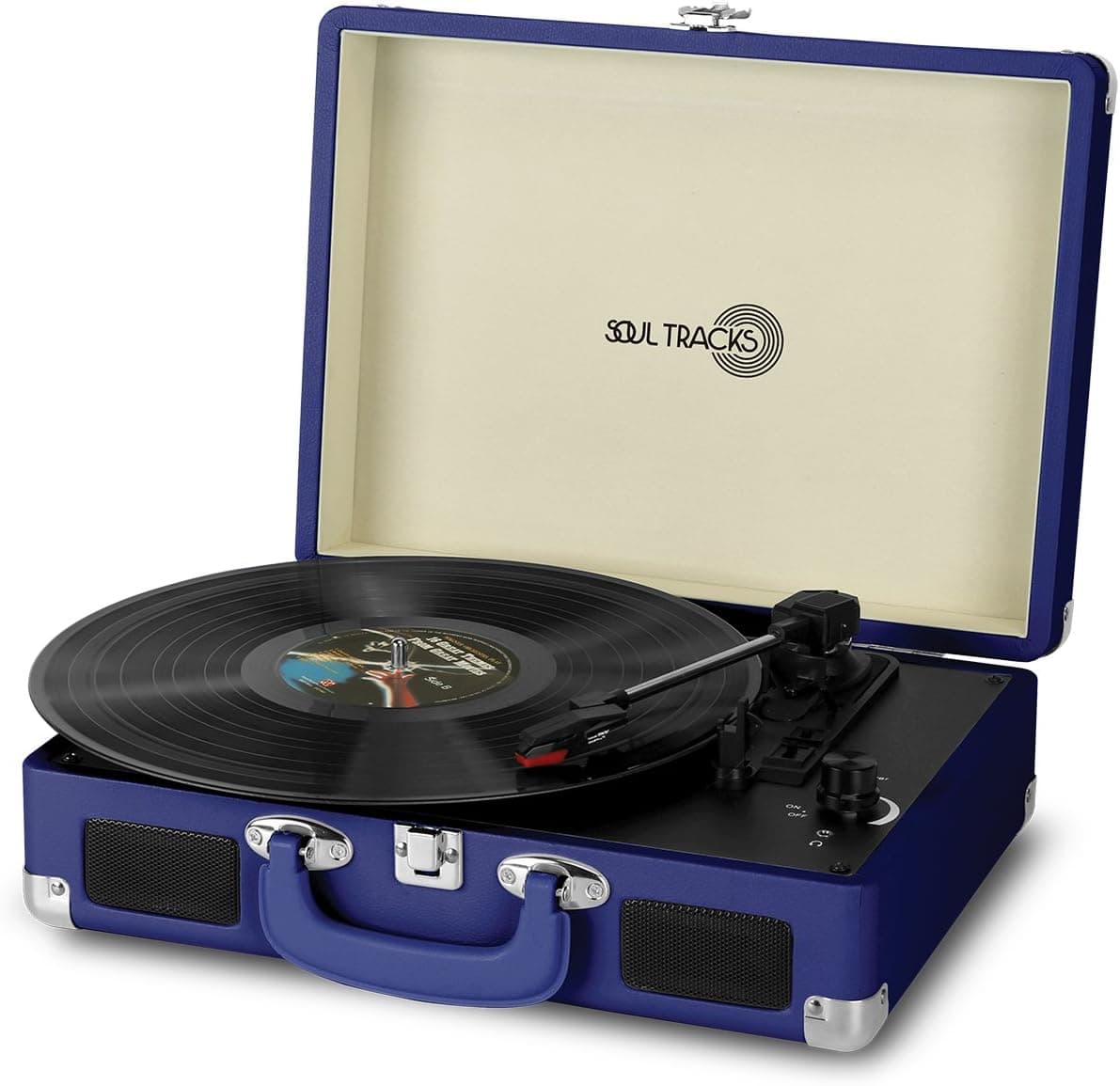 Photive SoulTracks Portable 3-Speed Turntable with built in Speakers. Vinyl Stereo Record Player Fully Automatic Belt-Drive- Blue OPEN BOX