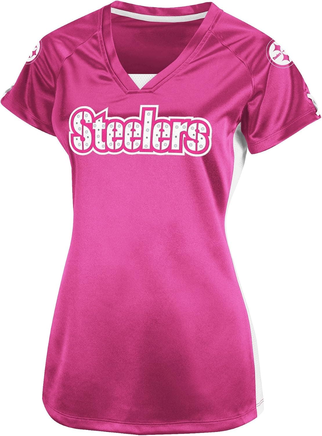 NFL Womens Pittsburgh Steelers Draft Me V Pink Splash/White Short Sleeve Raglan V-Neck Tee