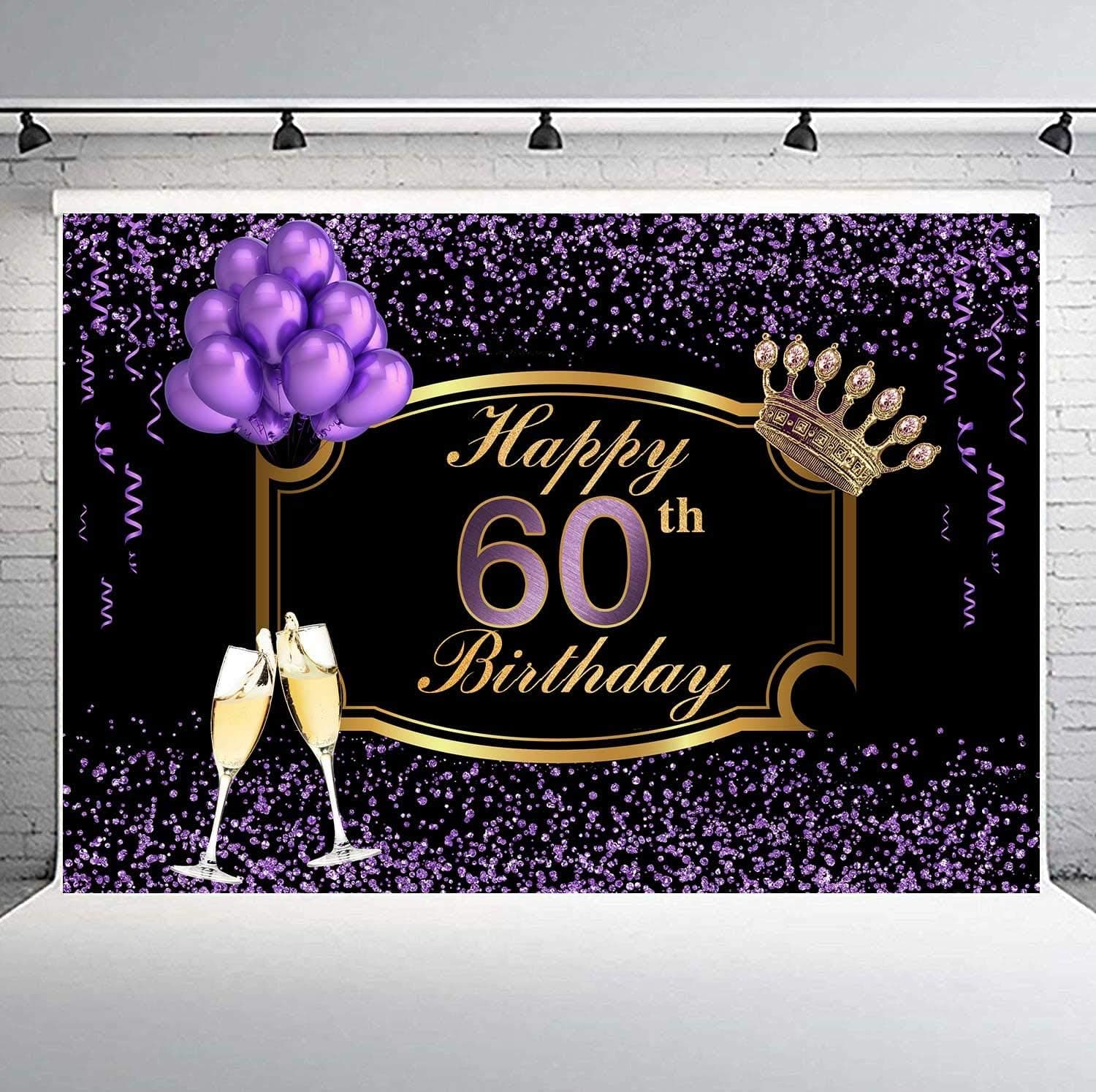 FEASRT Happy 60th Birthday Backdrop 10x7FT Purple Balloon Champagne Photography Backgrounds for Bithday Party Decoration Cake Table Banner Photo Studio Props LHAY620