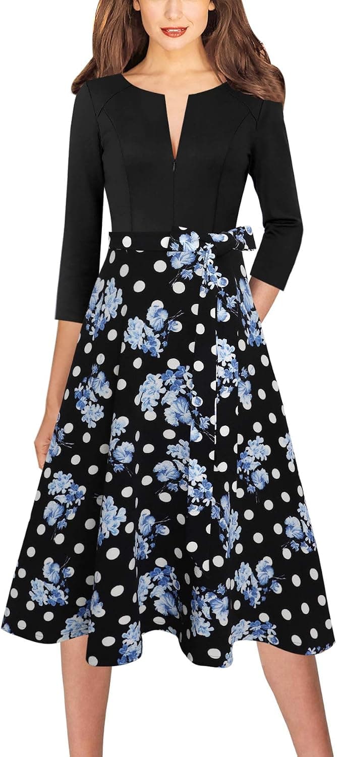 VFSHOW Womens Elegant Front Zipper Pockets Slim Work Business Office Party A-Line Dress