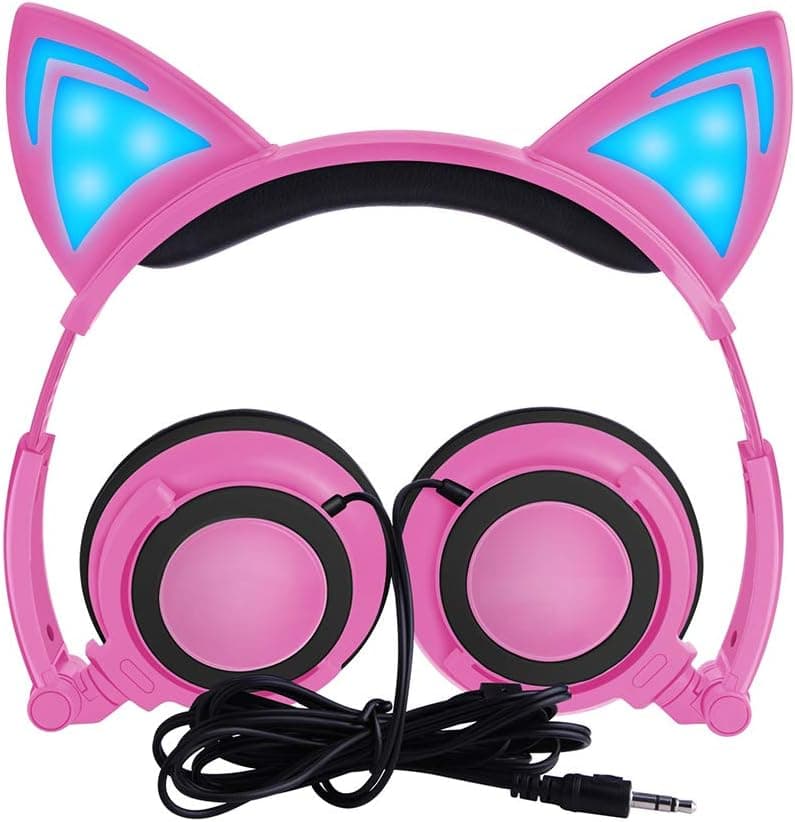 Cat Ear Headphones,Sysmarts Kids Headphones Wired Foldable On Ear Headsets with LED Glowing Light 3.5mm Audio Jack Headset for Children (Pink Black)