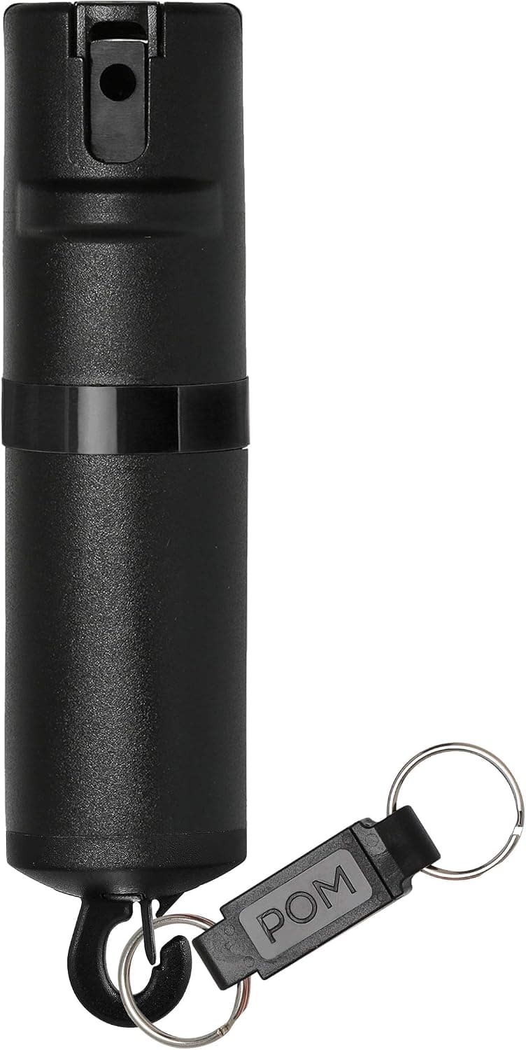 POM Pepper Spray Flip Top Snap Hook - Maximum Strength OC Spray Self Defense - Tactical Compact & Safe Design - Quick Key Release - 25 Bursts & 10 ft Range - Accurate Stream Pattern