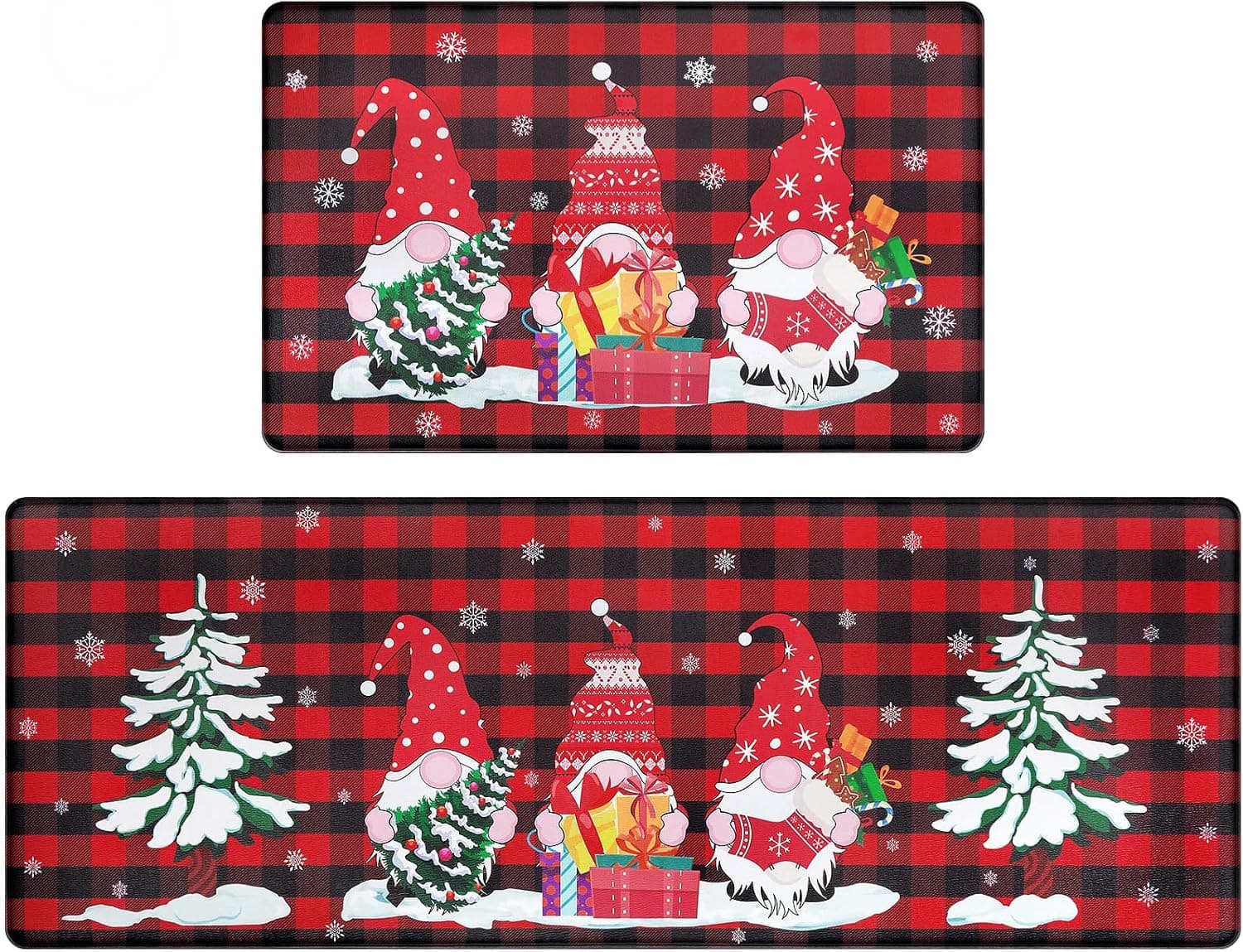 SHACOS Christmas Kitchen Mat 2 Pcs, Cushioned Anti-Fatigue Red Plaid Christmas Gnomes Kitchen Rugs, Waterproof Kitchen Mats and Rugs for Xmas, Comfort Rug for Kitchen, Red Buffalo 17"x27.5"+17"x47"