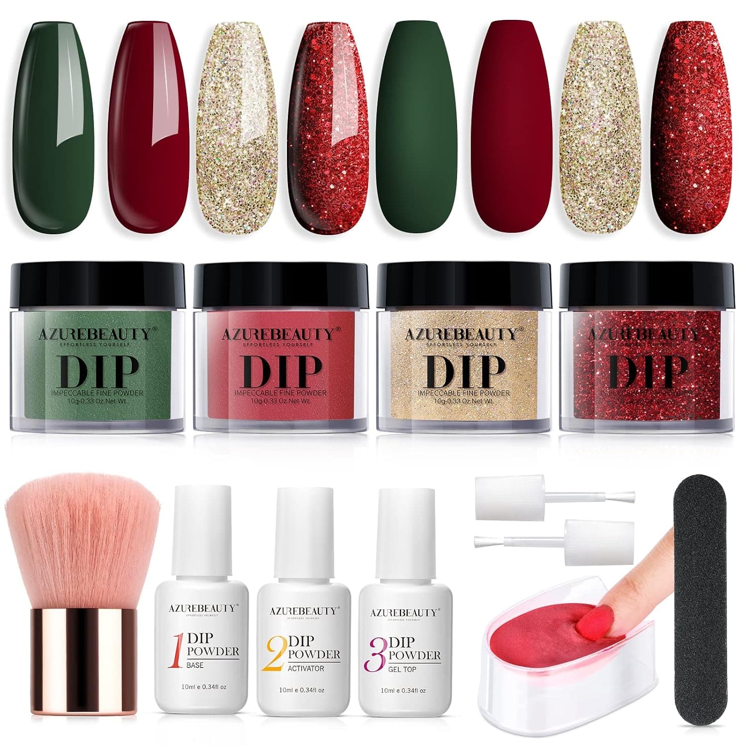AZUREBEAUTY Dip Powder Nail Kit, 4 Colors Dark Red Green Gold Glitter Dipping Powder System Liquid Set Recycling Tray, French Nail Art Base & Top Coat Activator DIY Salon at Home