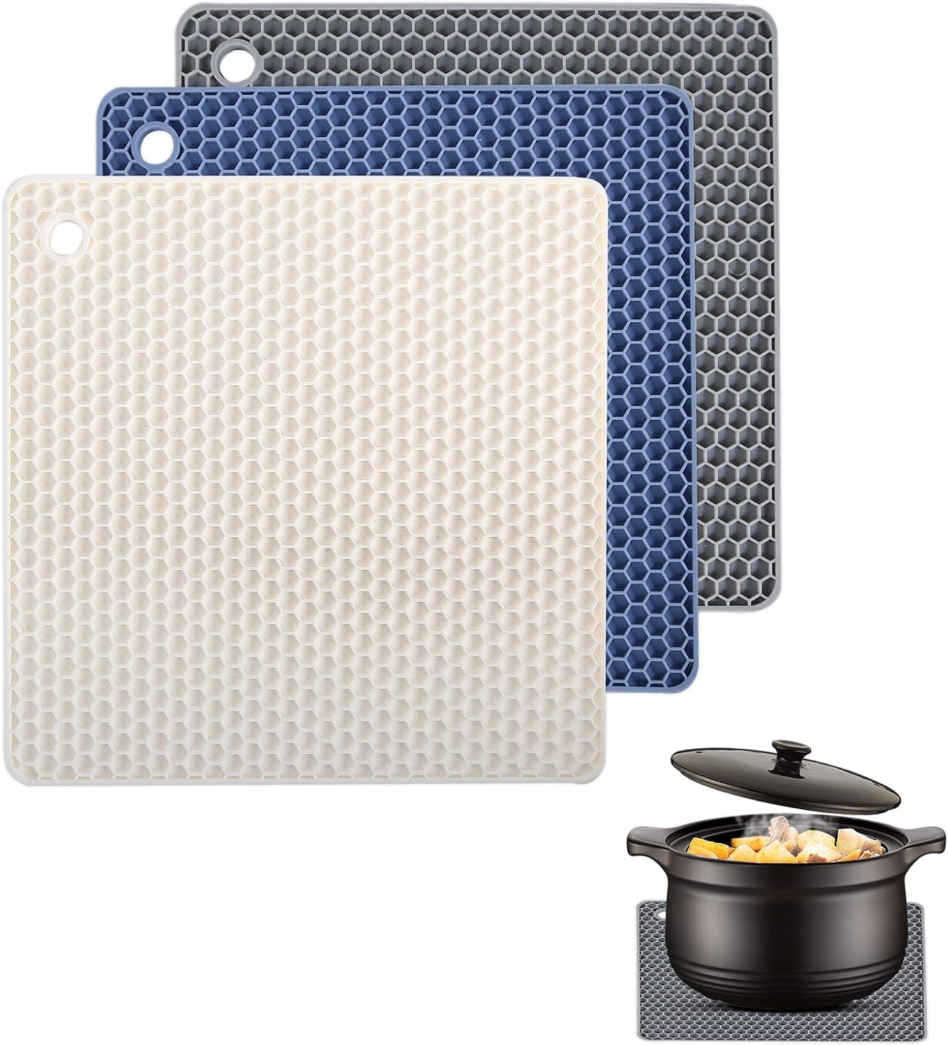 3 Pcs Silicone Trivets Mats for Hot Pots and Hot Dishes Heat Resistant Hot Pads Potholders for Tables Jar Opener Gripper Pad Drying Mat Coaster Countertops (Blue&Gray&White)