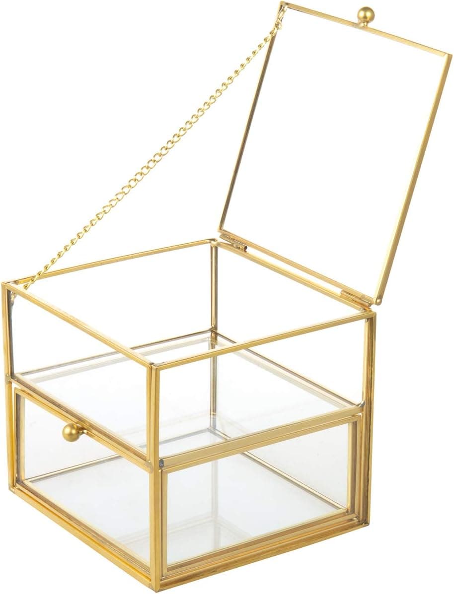 Feyarl Gold Glass Jewelry Trinket Drawer Box Ornate Ring Earring Vanity Organizer Holder Decorative Box for Dresser Office