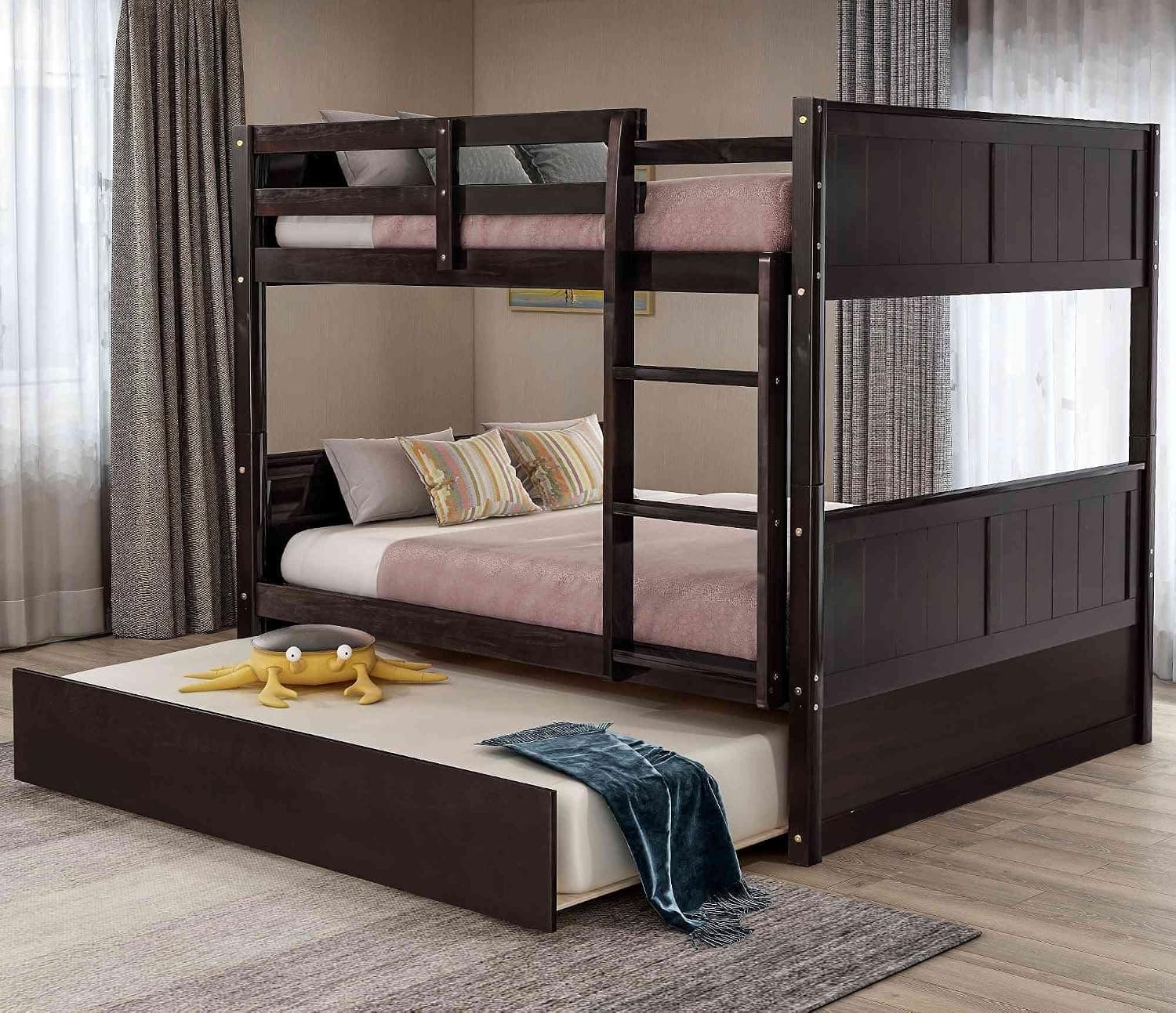 Cotoala Full Over Full Bunk Bed with Twin Size Trundle, Solid Wood Bunkbed with Safety Guardrail and Ladder, Can Be Divided Into Two Individual Beds, Espresso
