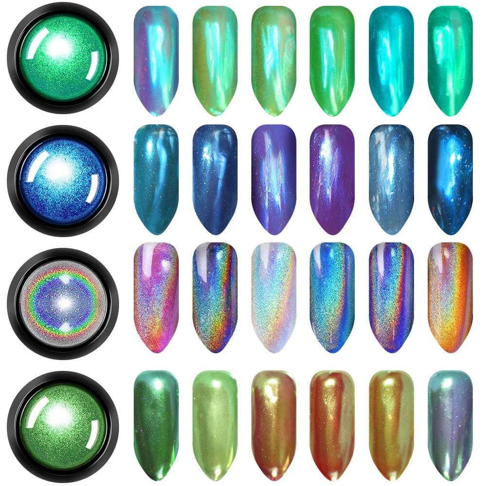 Holographic Chrome Nail Powder - DRMODE 4 Colors 1g/Jar Best 2019 Nail Trends Metallic Chrome Powder & Rainbow Unicorn Synthetic Resin Powder for Mirror Effect Nails Chrome Manicure Pigment