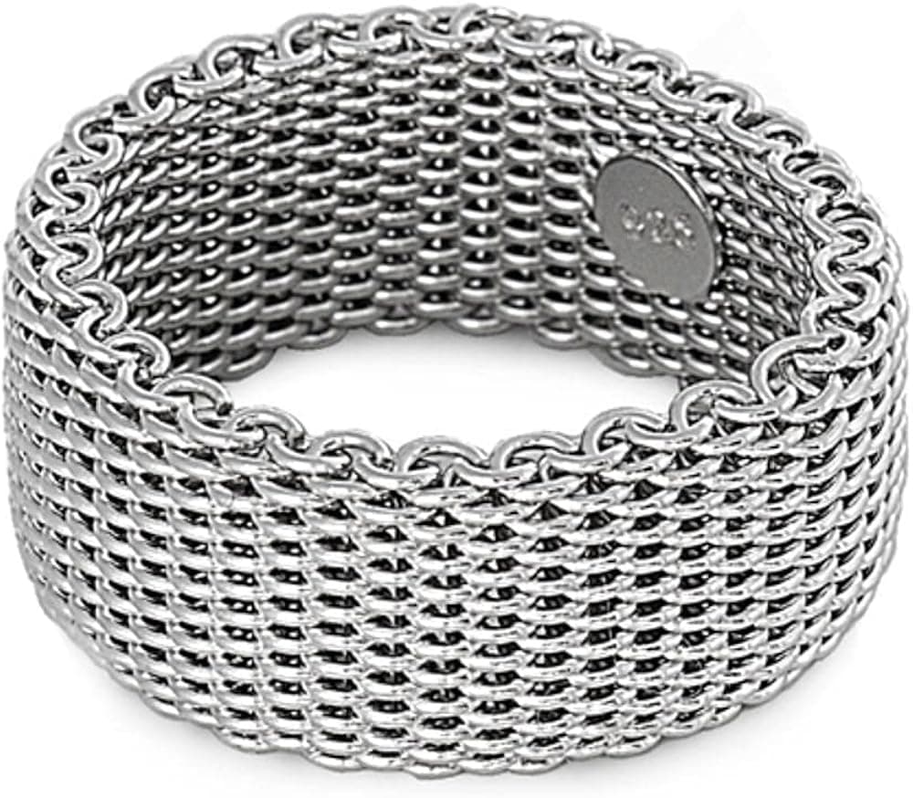 Sterling Silver Women's Mesh Ring Wholesale Pure 925 Wide Band 10mm Sizes 5-10