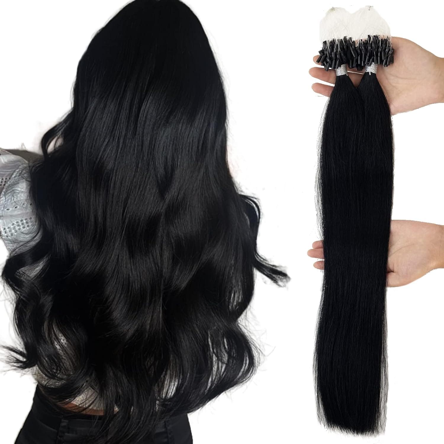 Misslala 16 Inch Microlink Hair Extensions Human Hair Natural Soft Hair Microbead Hair Extensions Color #1 Jet Black 100% Real Human Hair Micro Loop Hair Extensions 50 Strands/50 Grams