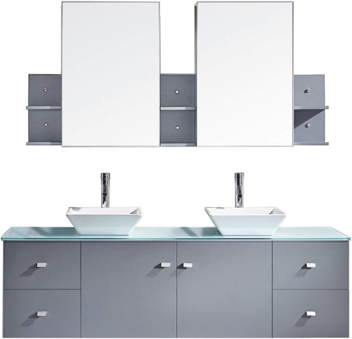 Virtu USA MD-409-S-GR-001 Clarissa 72" Double Bathroom Vanity in Grey with White Engineered Stone Top and Square Sink with Brushed Nickel Faucet and Mirror, 72 inches, Cool Gray