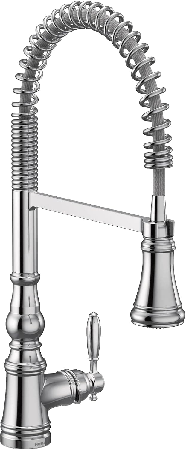 Moen Weymouth Chrome One-Handle Spring Pulldown Kitchen Faucet with Power Boost for a Faster Clean, Kitchen Faucet with Pull Down Sprayer for Bar, RV, Farmhouse, S73104