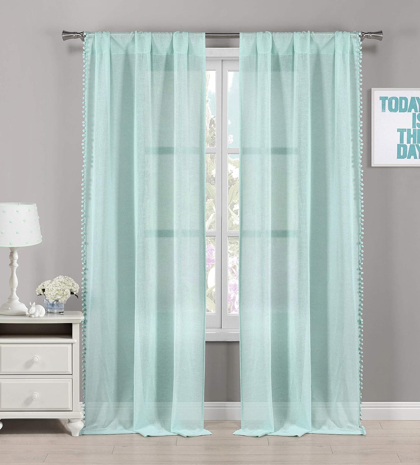 Lala + Bash - Lizbett PomPom Trim Top Border Pole Top Window Curtains for Living Room & Bedroom - Assorted Colors - Set of 2 Panels (38 X 84 Inch - Seafoam Blue)
