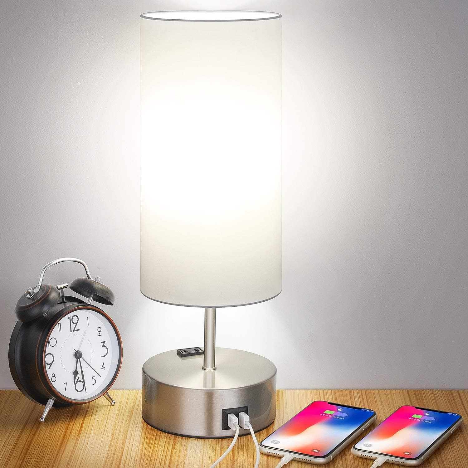 Touch Control Table Lamp with 2 USB Charging Ports and AC Outlet, 3-Way Dimmable Bedside Nightstand Table Lamp with Silver Brushed Metal Base for Bedroom, Living Room, Daylight LED Bulb Included