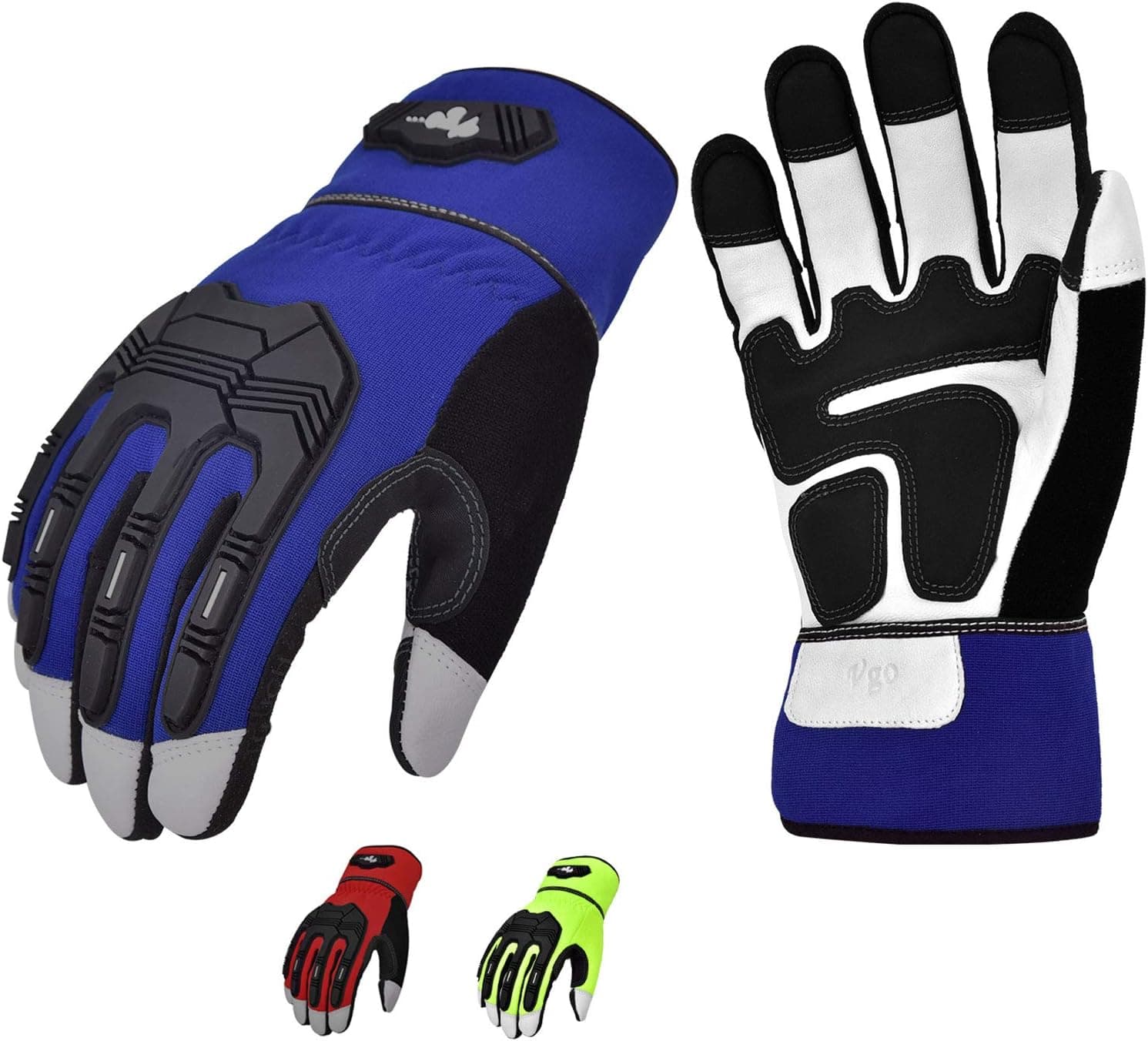 Vgo... 3-Pairs High Dexterity Soft Genuine Goat Leather Palm Impact Protection Touchscreen Abration Construction Equipment Heavy Duty Work Gloves (Size L, 3 Colors, GA7675)