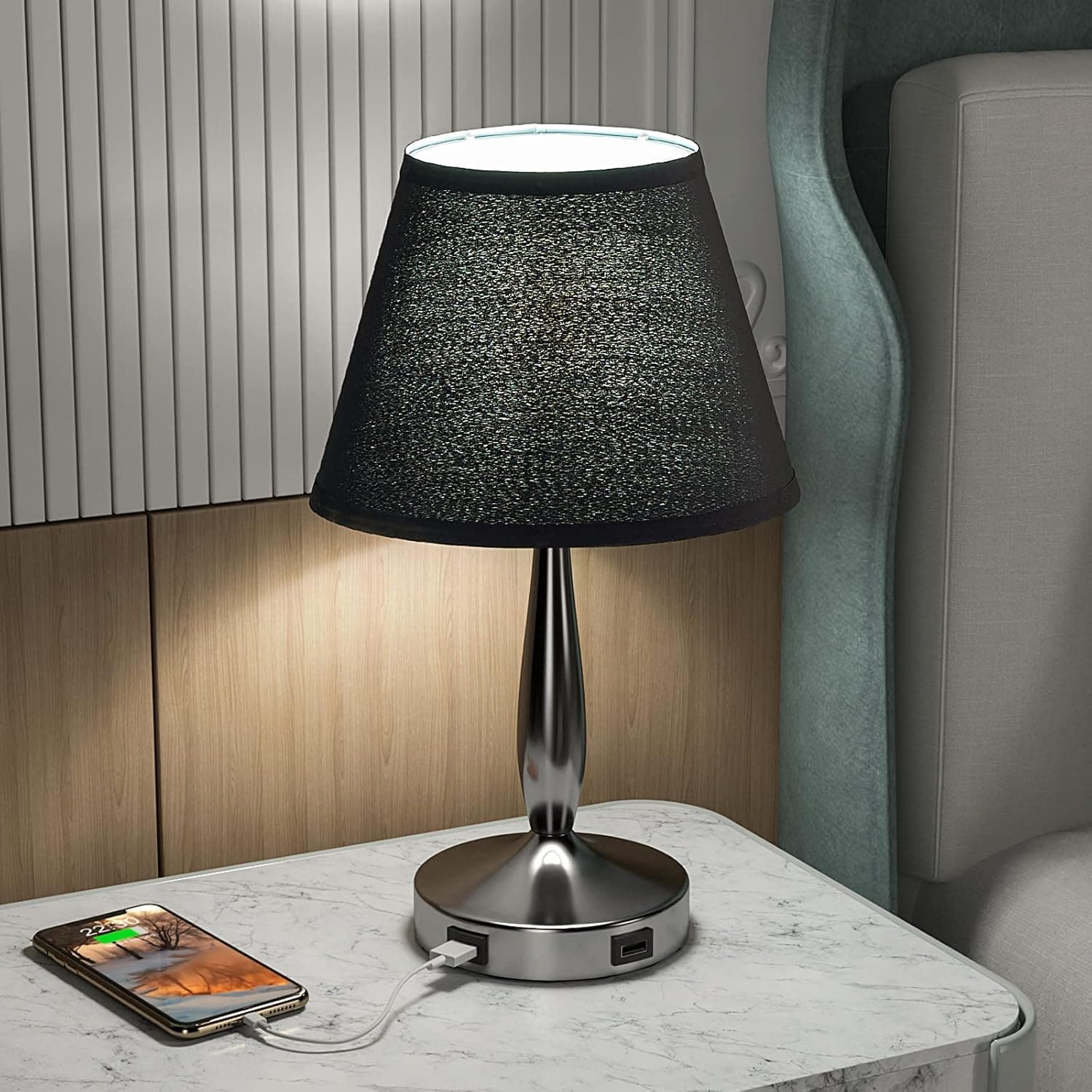 Black Touch Table Lamp for Bedroom - 3-Way Dimmable Bedside Lamps, Small Table Lamps for Nightstand with USB Ports, Bedroom Lamp with Metal Base