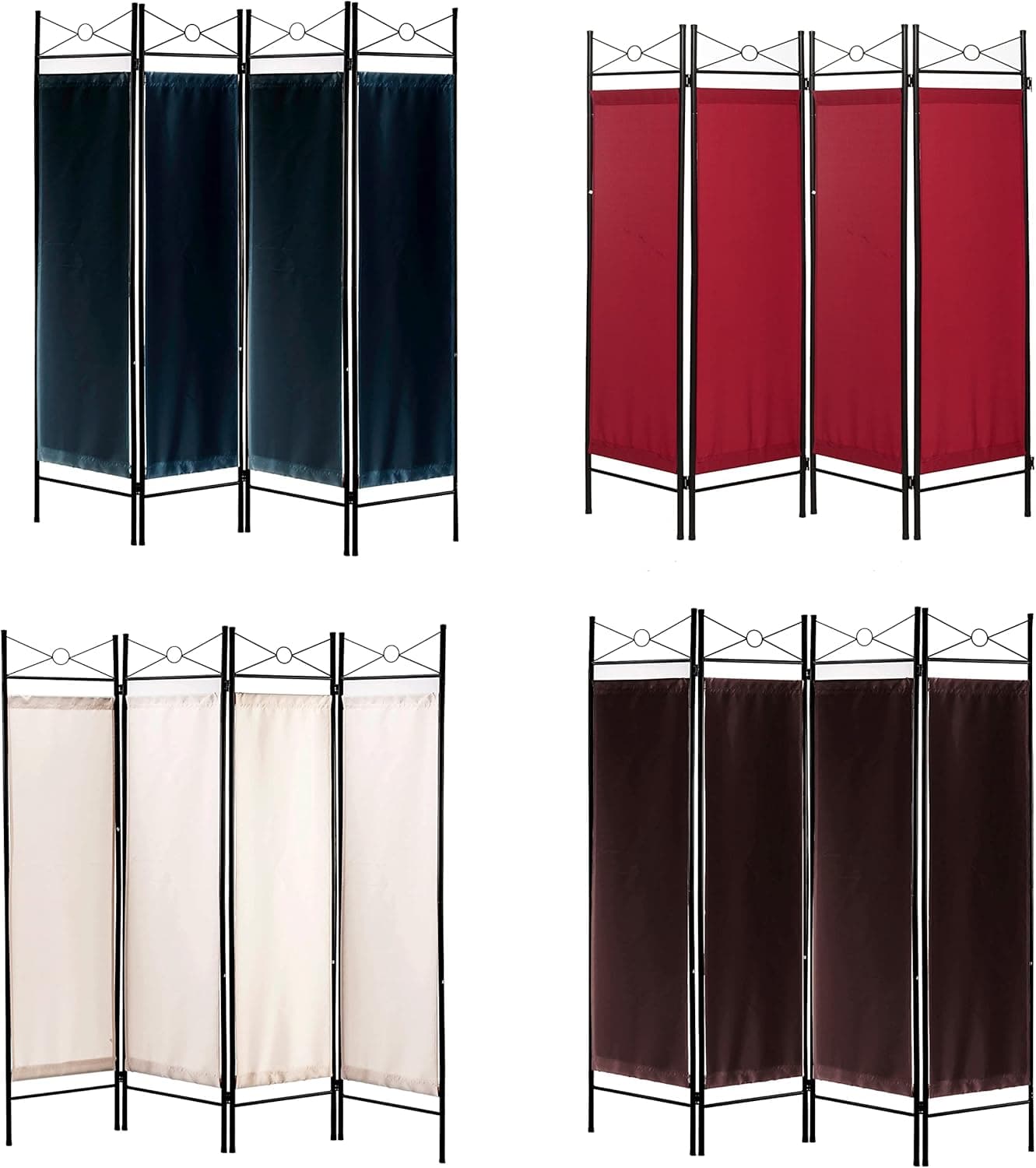 Legacy Decor 4 Panel Metal and Woven Fabric Room Divider with Two Way Hinges Black Color