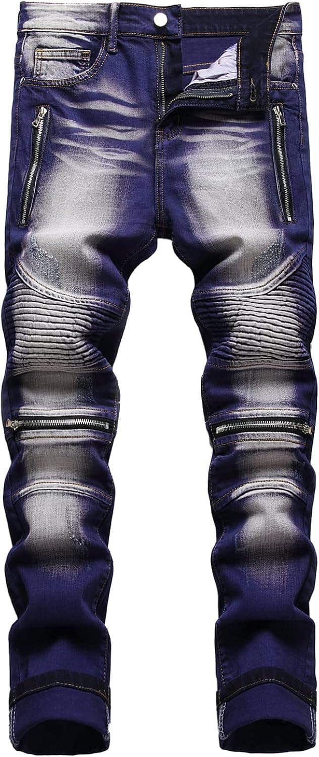 Enrica Men's Ripped Straight Slim Moto Biker Jeans