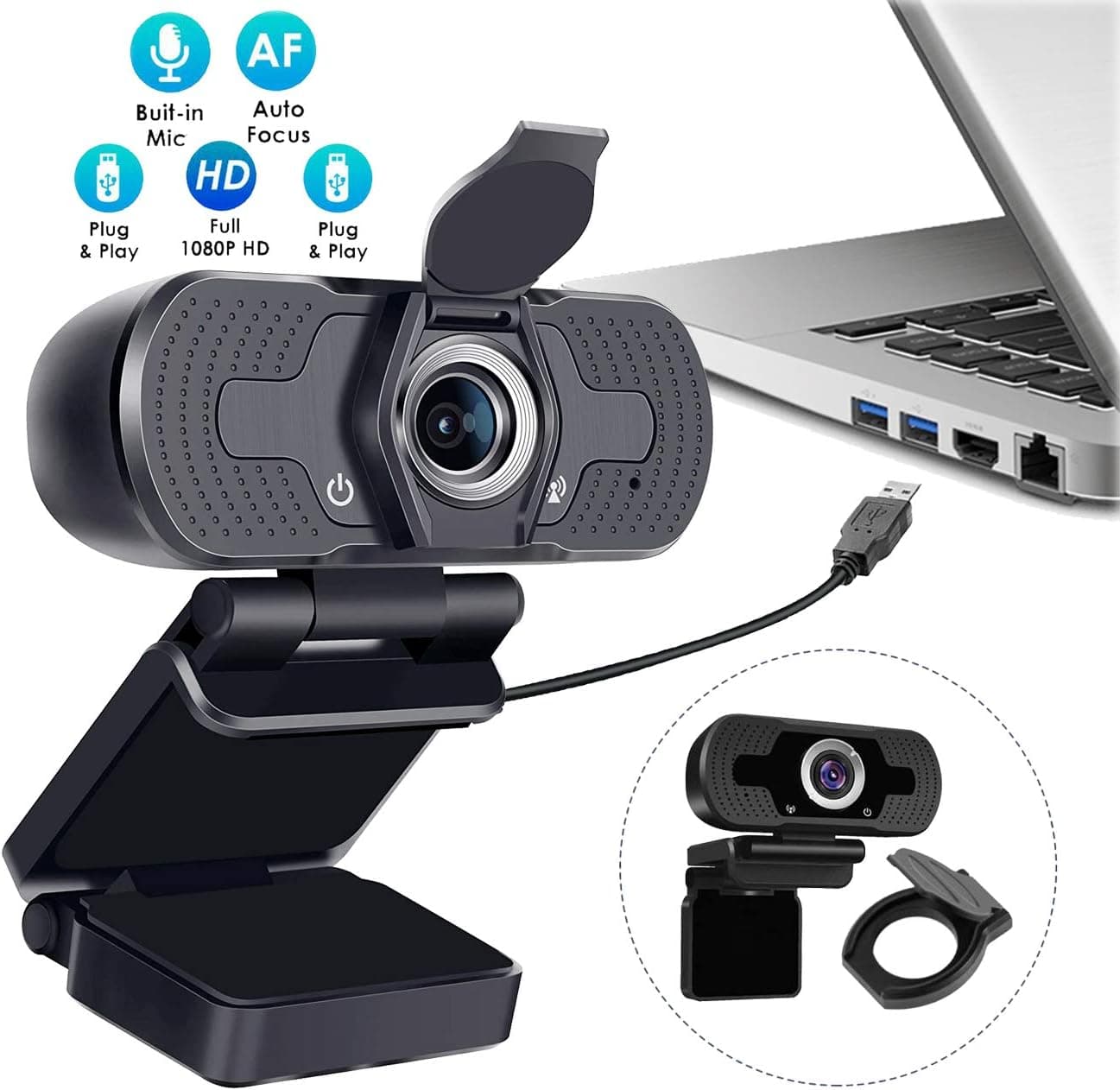 Webcam with Microphone with Privacy Cover for Desktop Web Camera 1080P USB Plug and Play Auto Focus PC Mac Laptop Conference and Studying Video Calling