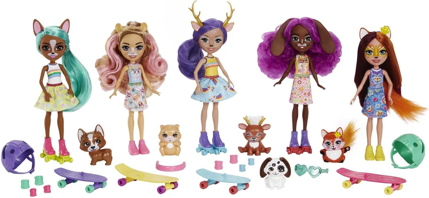Enchantimals City Multipack, 15+ Set with 4 Dolls (6-in) and Skateboard & Rollerblade Accessories, Great Gift for Kids Ages 4Y+
