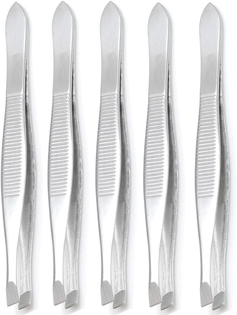 Luxxi (5 Pack) Slant Tweezers - Precision Sturdy Stainless Steel Slant Tip Tweezers Hair Plucker for Hair and Eyebrows Personal Care (Silver Tone)