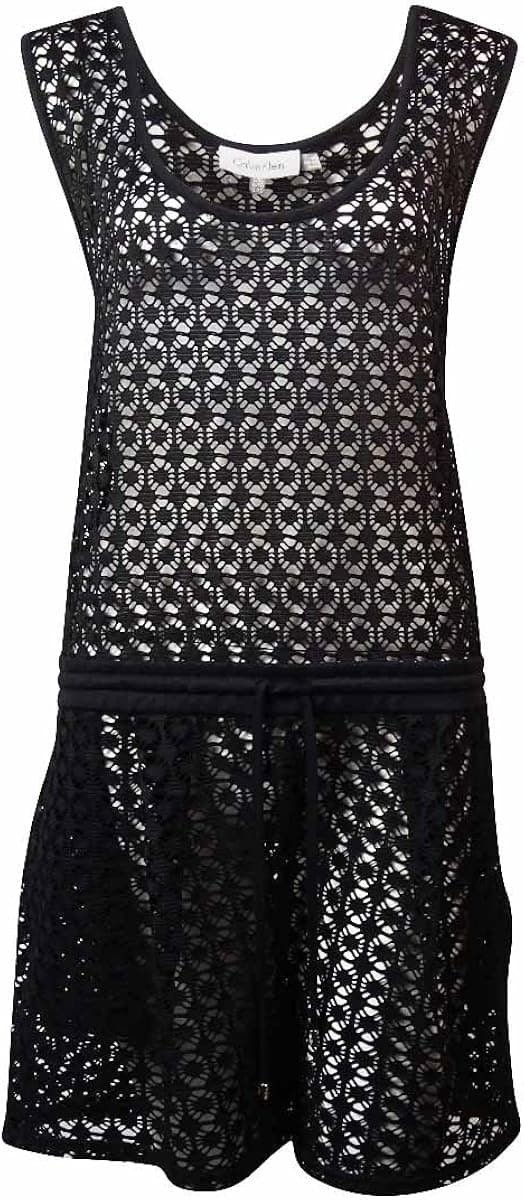 Calvin Klein Women's Belted Crochet Lace Romper Swim Cover (L/XL, Black)