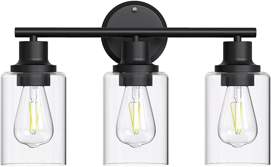 LAFUROU Bathroom Light Fixtures - 3 Light Black Wall Sconces Lighting, with Transparent Glass Cover, Bathroom Vanity Light for Bathroom Mirror Bedroom Kitchen Corridor Staircase (E26 Base)
