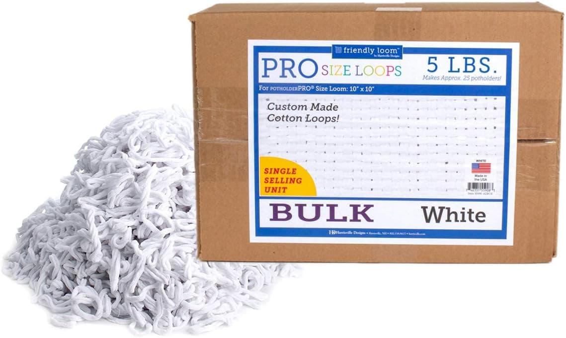 Harrisville Designs Friendly Loom Potholder Cotton Loops 10" Pro Size 5 Lb Loops Make 25 Potholders, Weaving Crafts for Kids & Adults-White