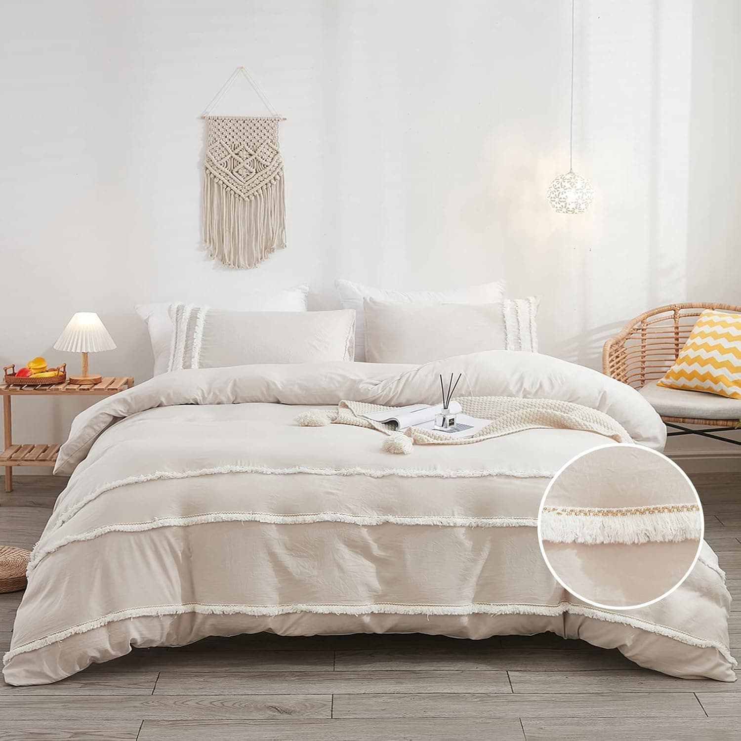 Bedbay Beige Cream Duvet Cover King Size Minimalist Boho Bedding Set Tufted Tassel Macrame Beige Boho Duvet Cover 3 Pcs with Zipper Ties,No Comforter(King,Beige)