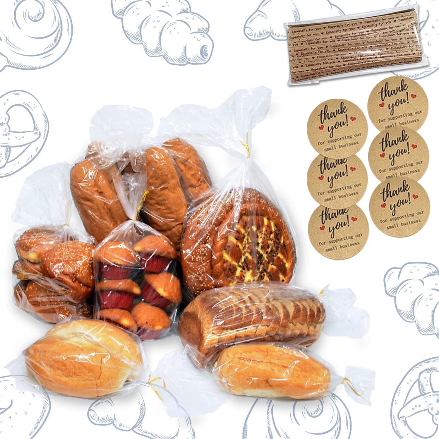 Bread bags (12x8x24) with ties and thank you stickers, 50 Clear Bags and 50 Ties, 50Thank You Stickers, Bread Bags For Homemade Bread And Bakery Loaf