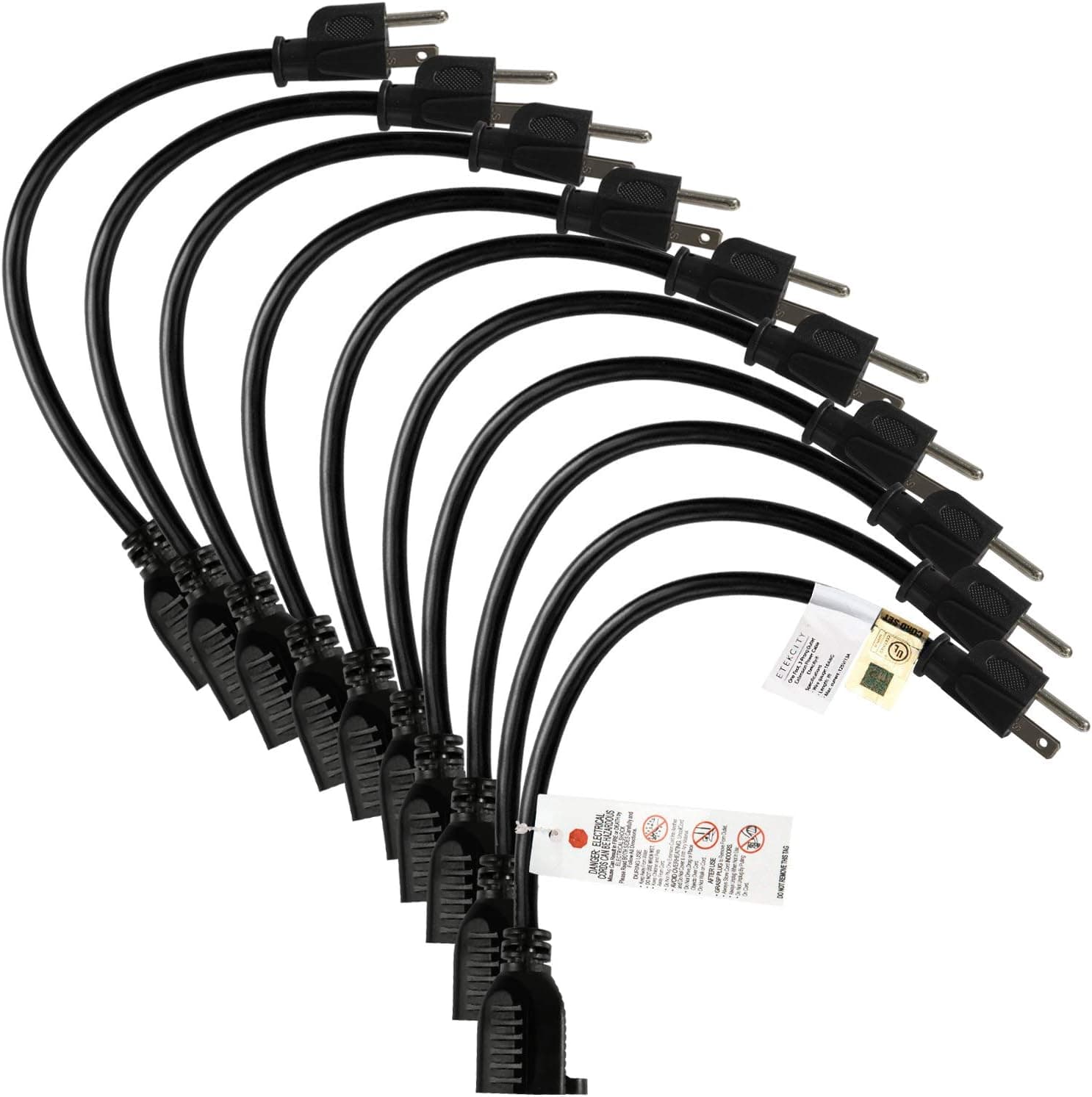 Etekcity - EEC-1FT Short Power Extension Cord, Small Extension Cord 1 foot, 3 Prong, Outlet Saver, Plug Extender 16AWG/13A, UL Listed(10 Pack, Black) Black