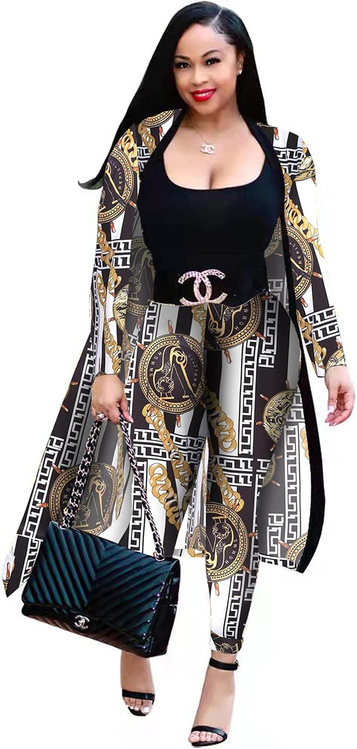 cocoganbaru Women 2 Piece Outfits Floral Printed Long Sleeves Open Front Cardigan Overcoat Cover Up Leggings Pants Sets