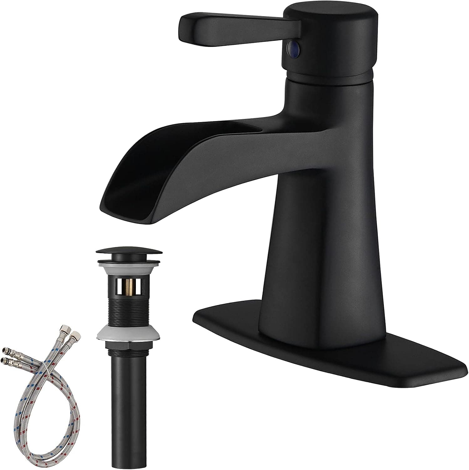 BWE Black Waterfall Bathroom Faucet Single Handle Single Hole Modern Sink Faucet with Bathroom Sink Stopper and Supply Hose Bath Basin Vanity Mixer Taps Lead-Free