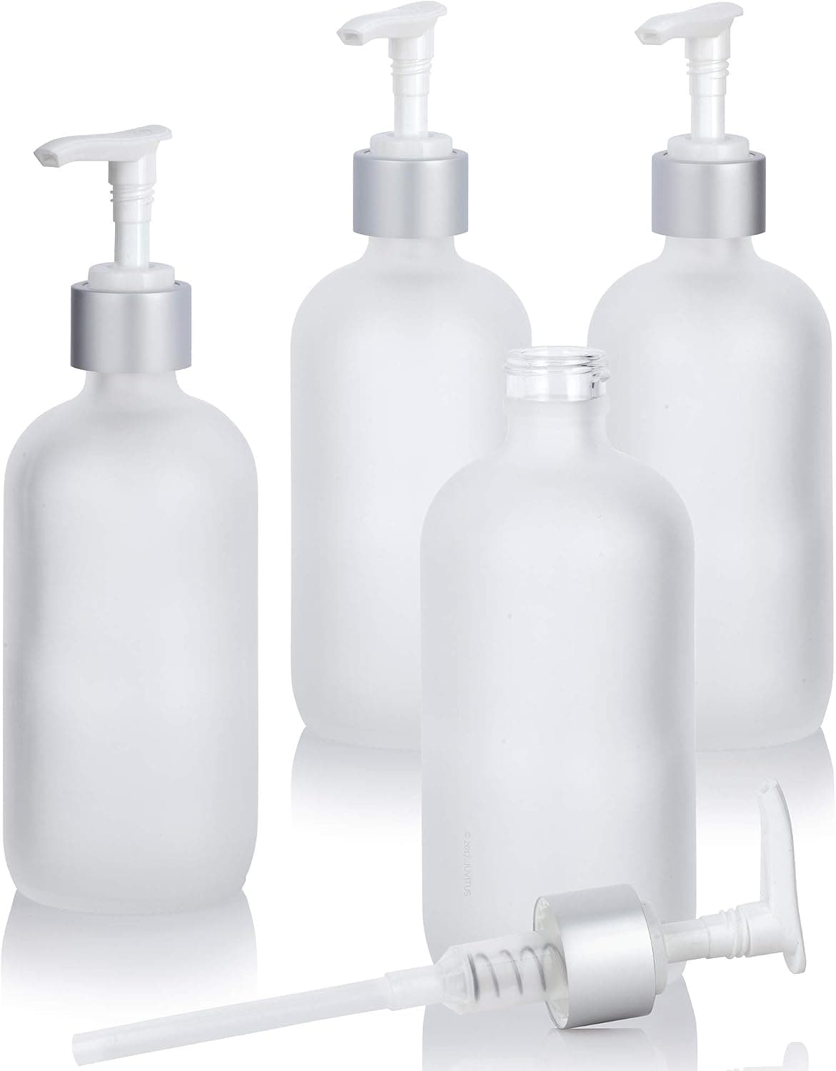 JUVITUS 8 oz / 240 ml Frosted Clear Glass Boston Round Bottle with Silver Lotion Pump (4 Pack)