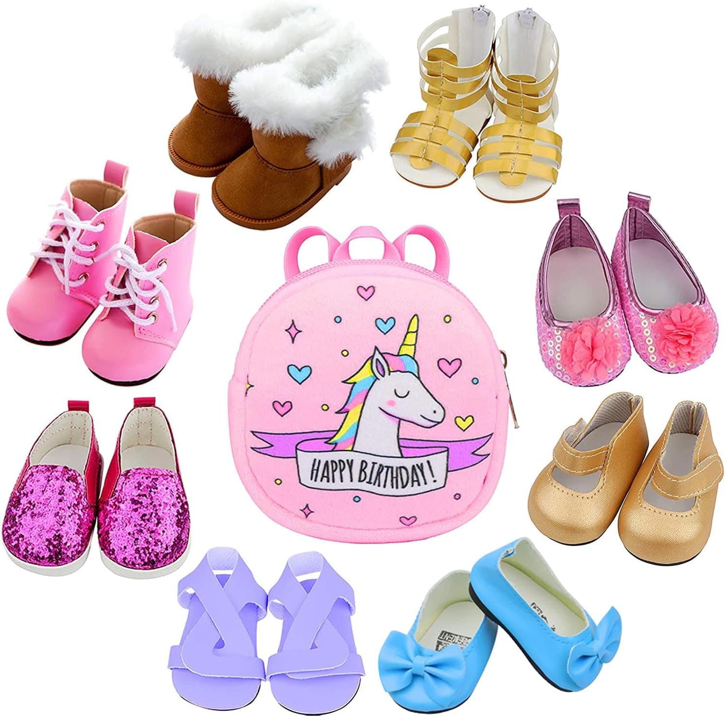 ZITA ELEMENT 18 Inch Girl Doll Shoes Backpack Accessories - 8 Pairs of Shoes Boots Sandals and 1 Unicorn Doll Backpack for 18 Inch Doll Shoes and Accessories