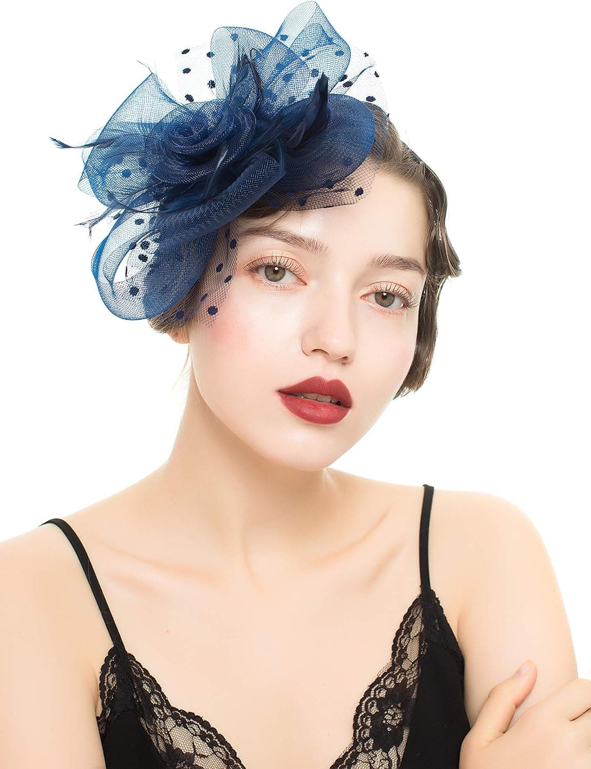 MAKELIFE Feather Fascinator Hair Clip Women Bowknot Kentucky Derby Cocktail Wedding (Navy Blue)