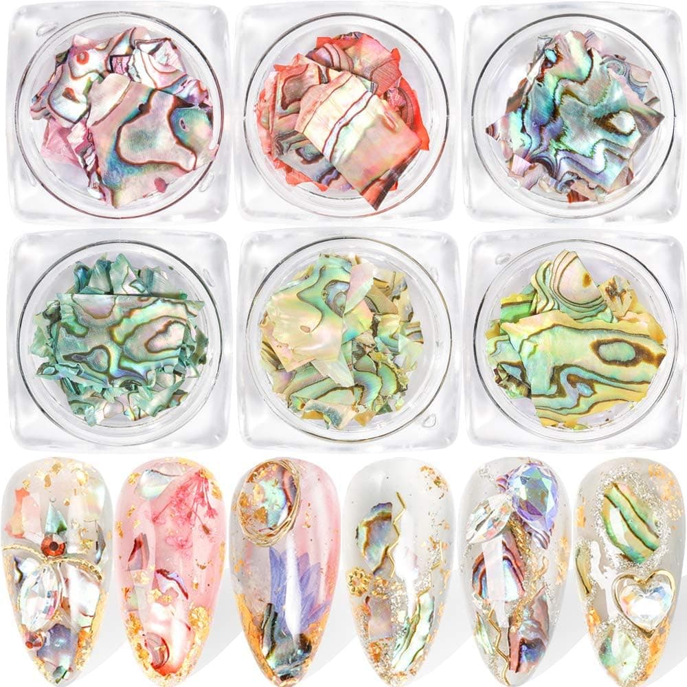 6 Boxes Sea Shell Nail Art Decorative Stickers Irregular Abalone Seashell Slices Nail Decoration, 3D Nail Art Shell Piece Nail Art Decorations UV Gel Flake Mermaid Nail Sequins