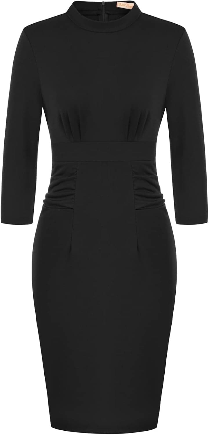 Belle Poque Women Vintage 3/4 Sleeve Dress Mock Neck Ruched Front Dress with Pockets Business Cocktail Party Dress