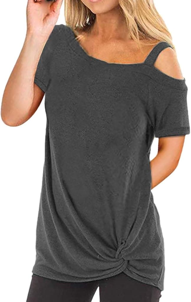 Gogoodgo Women's Single Shoulder Strap Blouses, Ladies Spaghetti Strap Short Sleeve Asymmetrical Tops Knot Twist Tops Dark Gray