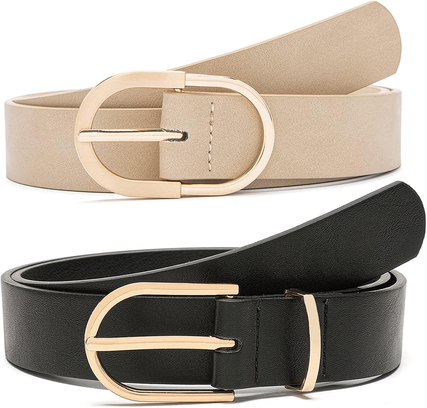 Pettata 2 Pack Belts for Women Jeans Dress Waist Belt for Ladies Black Faux Leather Belt with Gold Buckle