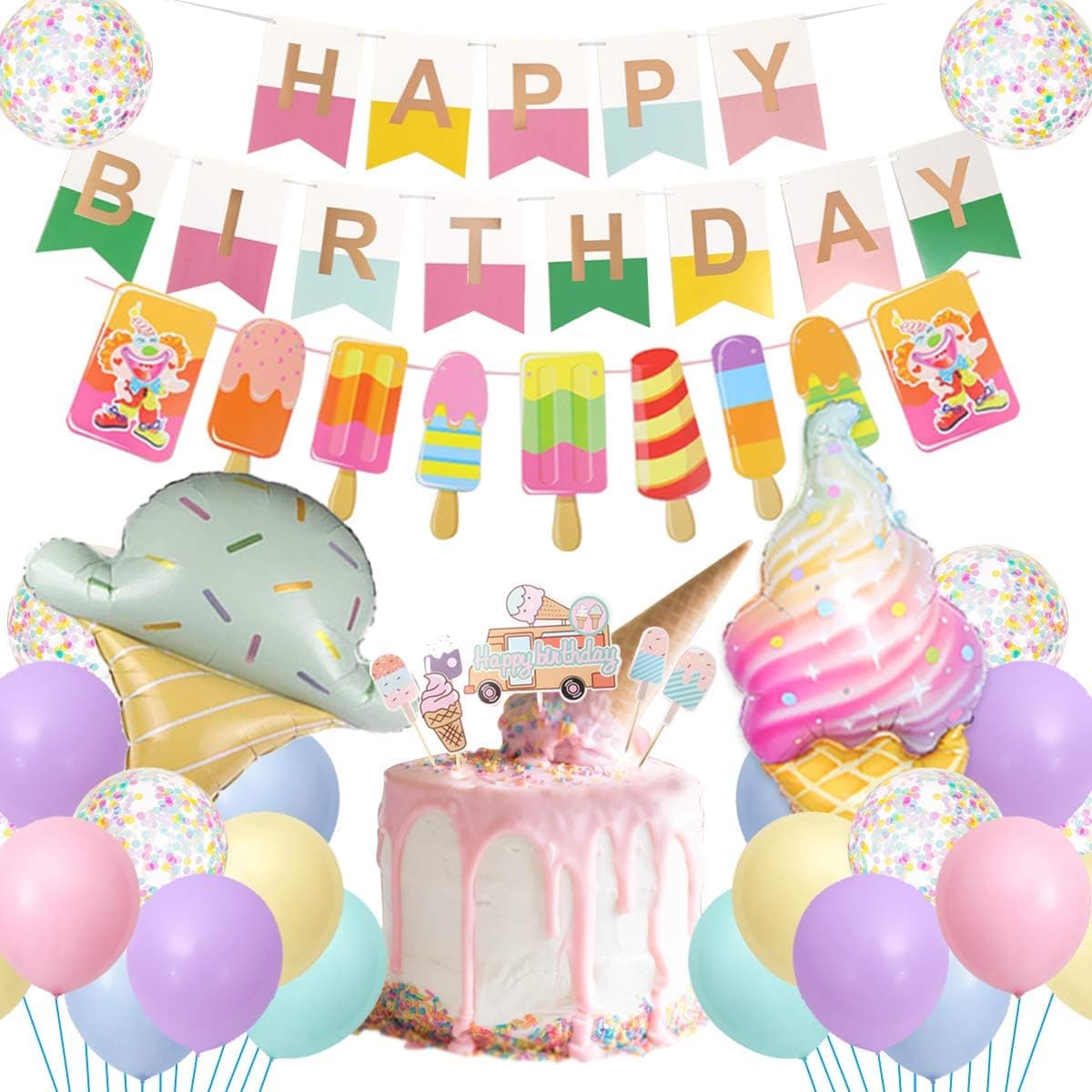 Ice Cream Candy Birthday Party Decoration Supplies With Pastel Happy Birthday Banner, Popsicle Garland, Confetti Balloon, Summer Cake Toppers for Girls