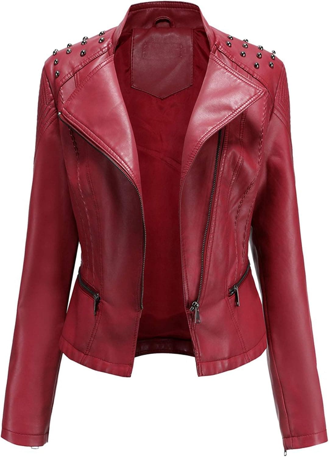 ZLSLZ Womens Ladies PU Leather Slim Fit Rivet Punk Motorcycle Biker Jacket Coat