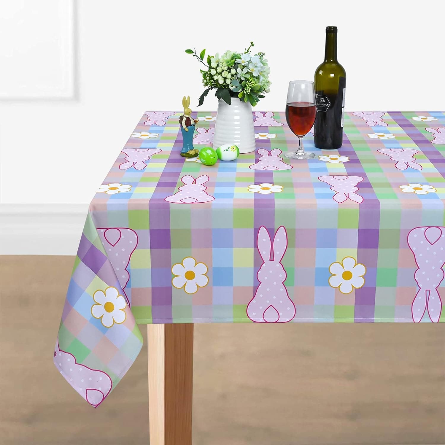 ASPMIZ Easter Bunny Tablecloth, Flowers Rabbit Table Cloth, Buffalo Plaid Checkered Tablecloths, Spring Floral Waterproof Tablecloth Rectangle for Dinner Party Decoration, 60 x 84 inch
