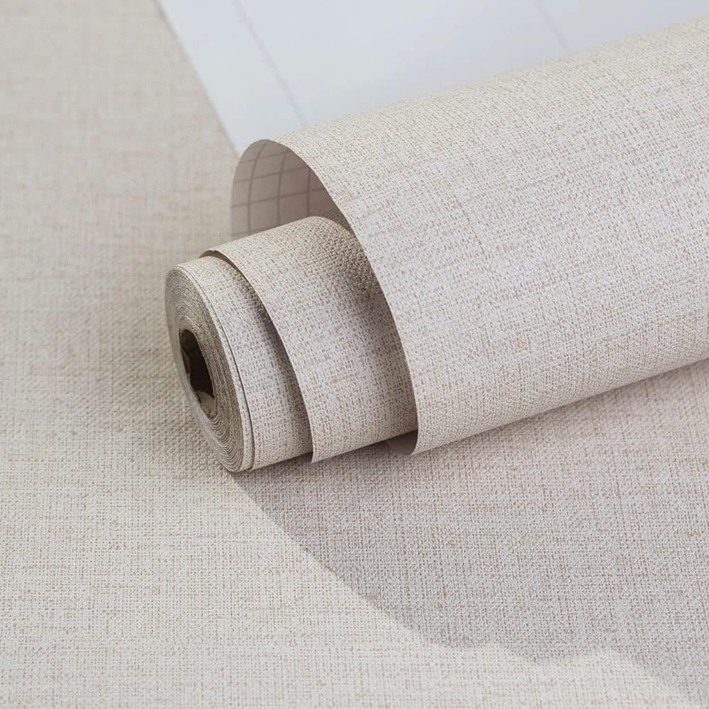MyFun 11 Yards Faux Light Beige Grasscloth Linen Wallpaper Peel and Stick Removable Simple Natural Embossed Textured Paper Self Adhesive Room Wall Decoration,32.8 Ft X 17.9 inch