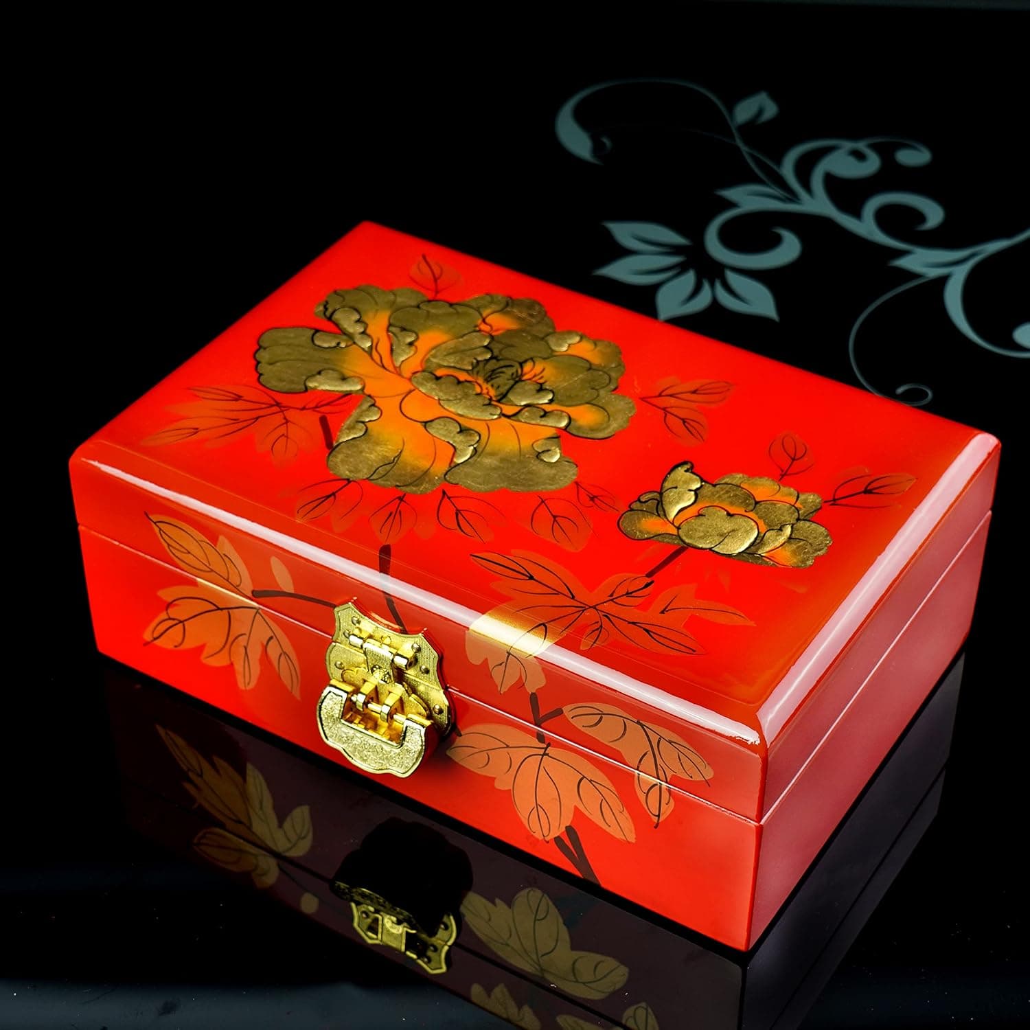 OwMell Vintage Handmade Chinese Jewelry Box, Hand-Painted Peony Lacquer Trinket Box, Wooden Jewelry Storage Organizer, 2 Layers with Mirror Lid & Lock