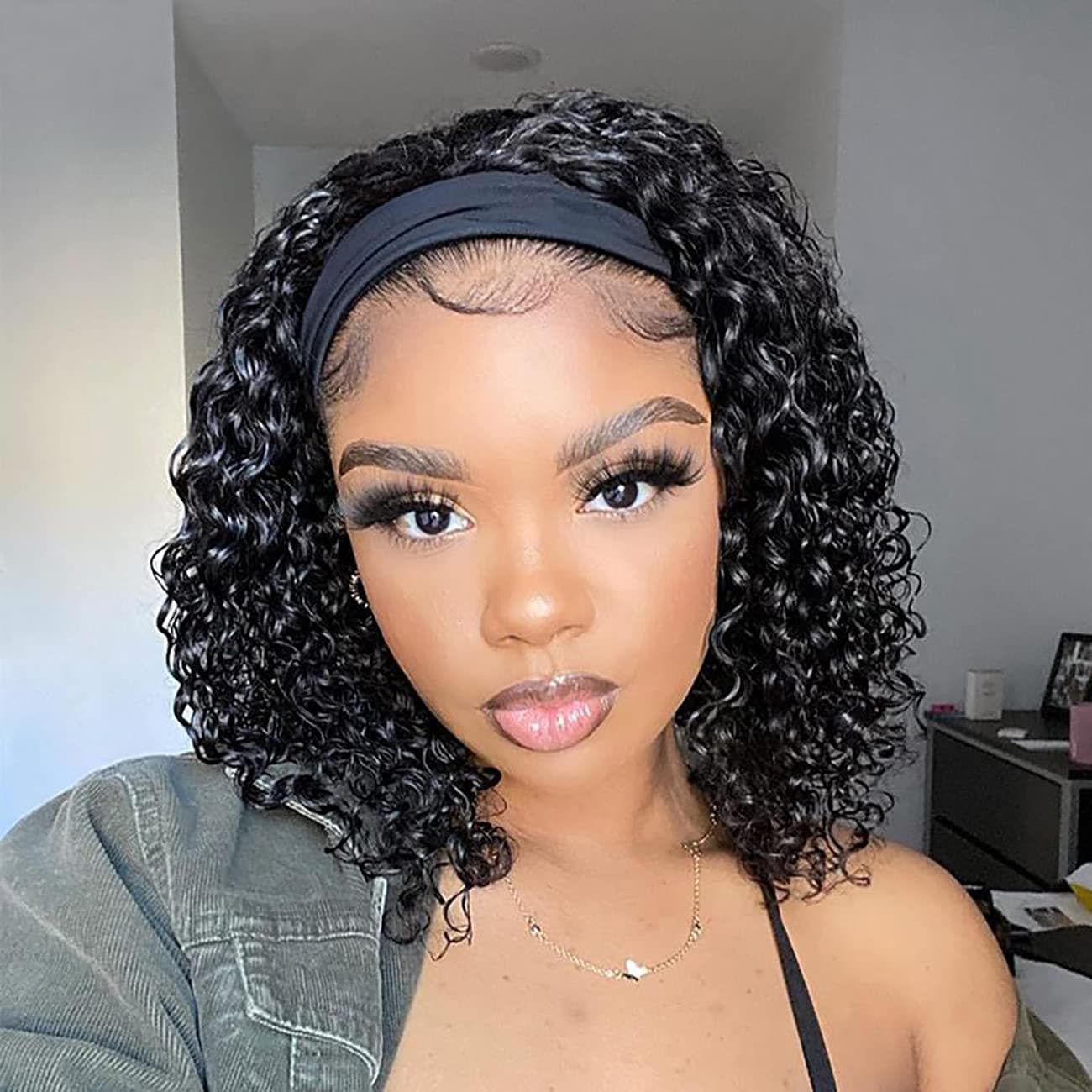 Siji mei Curly Headband Wig Human Hair Glueless Headband Wigs for Black Women Curly None Lace Front Wigs with Headband Attached 150% Density Half Wigs Natural Color 16 Inch