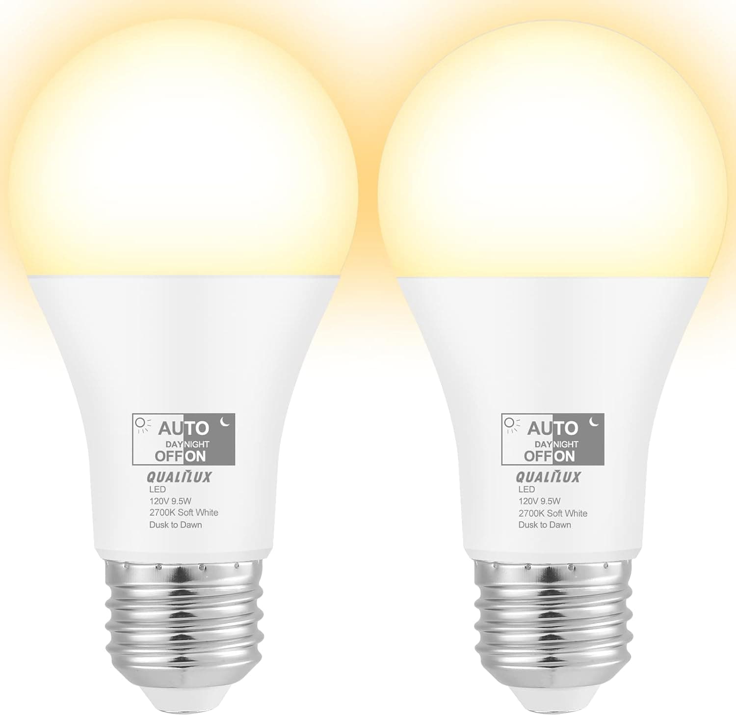 Qualilux Dusk to Dawn Light Bulbs 60W Equivalent, A19, 850LM, Soft White 2700K, 360degree Light Sensing LED Bulb Outdoor, Auto On/Off, 9.5W, E26 Base, 2-Pack, HQ-H015